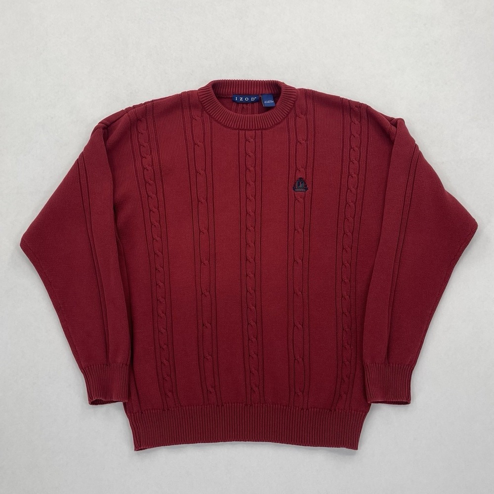 Vintage IZOD Cable Knit Sweater Mens L Red Heavyweight Chunky 90s Preppy